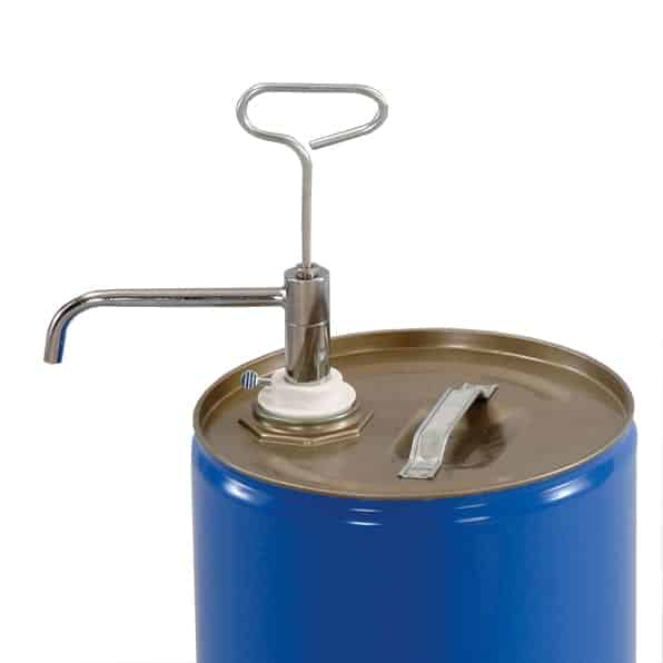 Metal drum pump with nozzle and pull handle with white two inch barrel adaptor