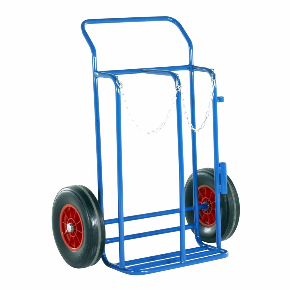 Blue hand truck with black wheels on a white background