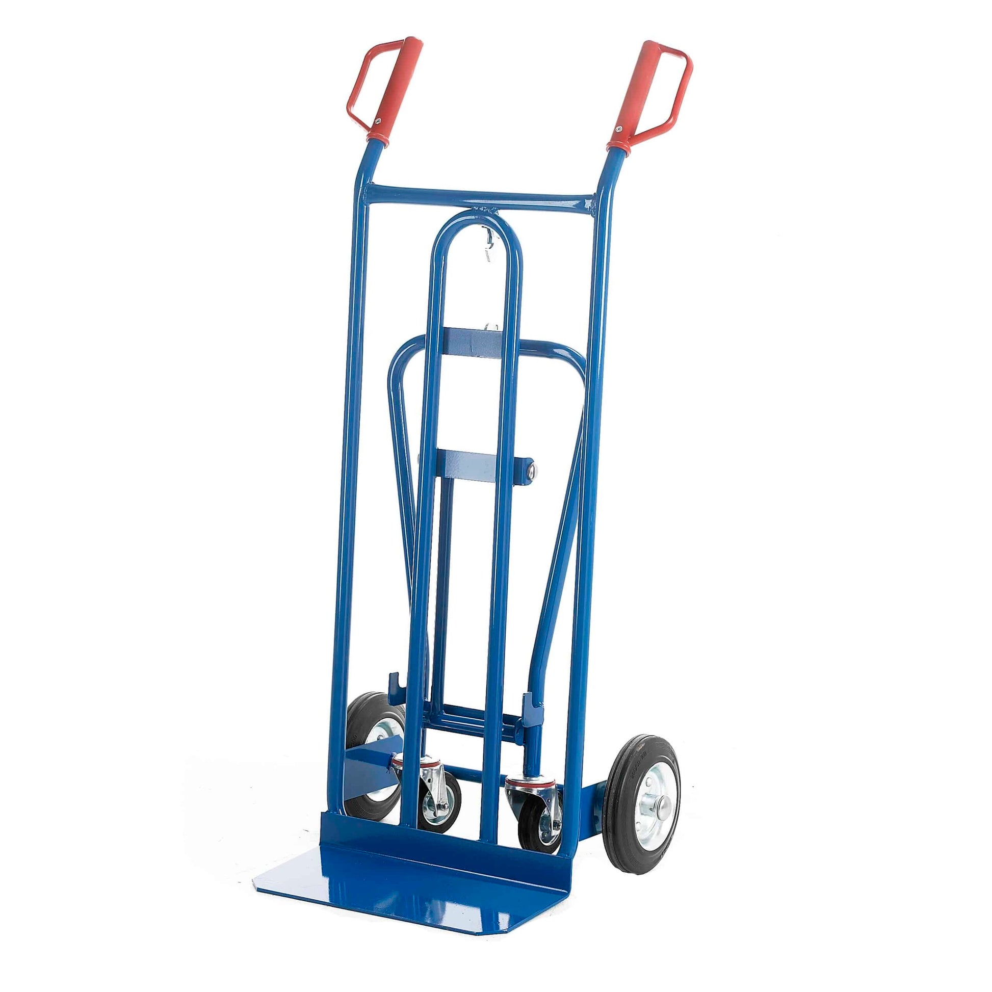 Blue hand truck with red handles on a white background