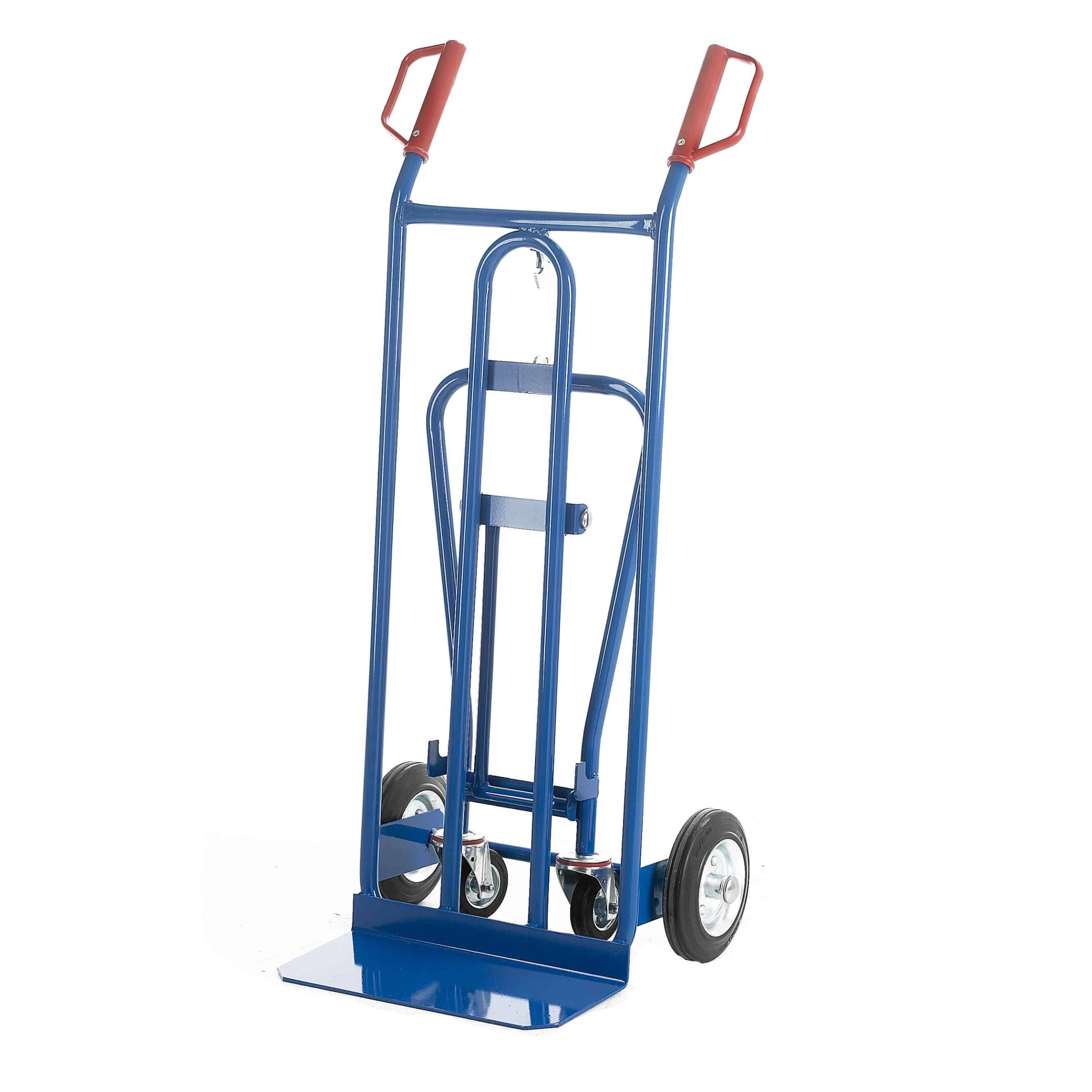 Blue hand truck with red handles on a white background