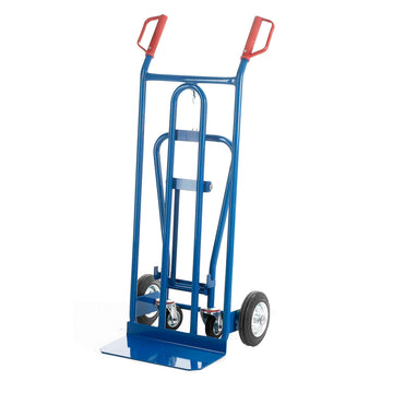 Blue hand truck with red handles on a white background