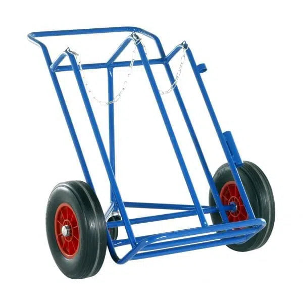 Blue hand truck with black wheels on a white background