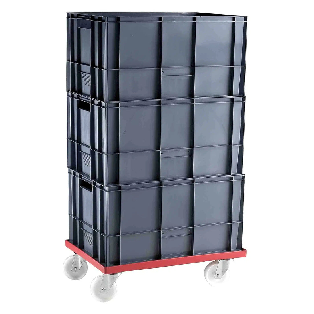 Stack of black storage crates on a red and gray cart with wheels against a white background