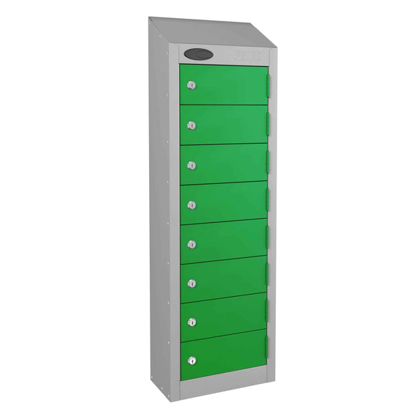 Green locker with multiple compartments on a white background