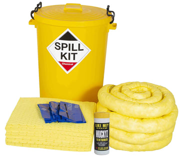 Spill kit with yellow bucket, absorbent pads, and other components on a white background