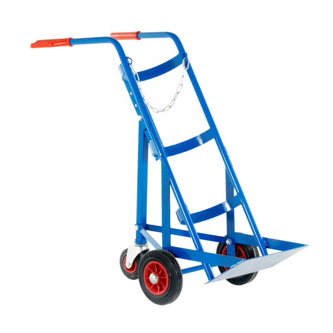 Blue hand truck with red accents on a white background