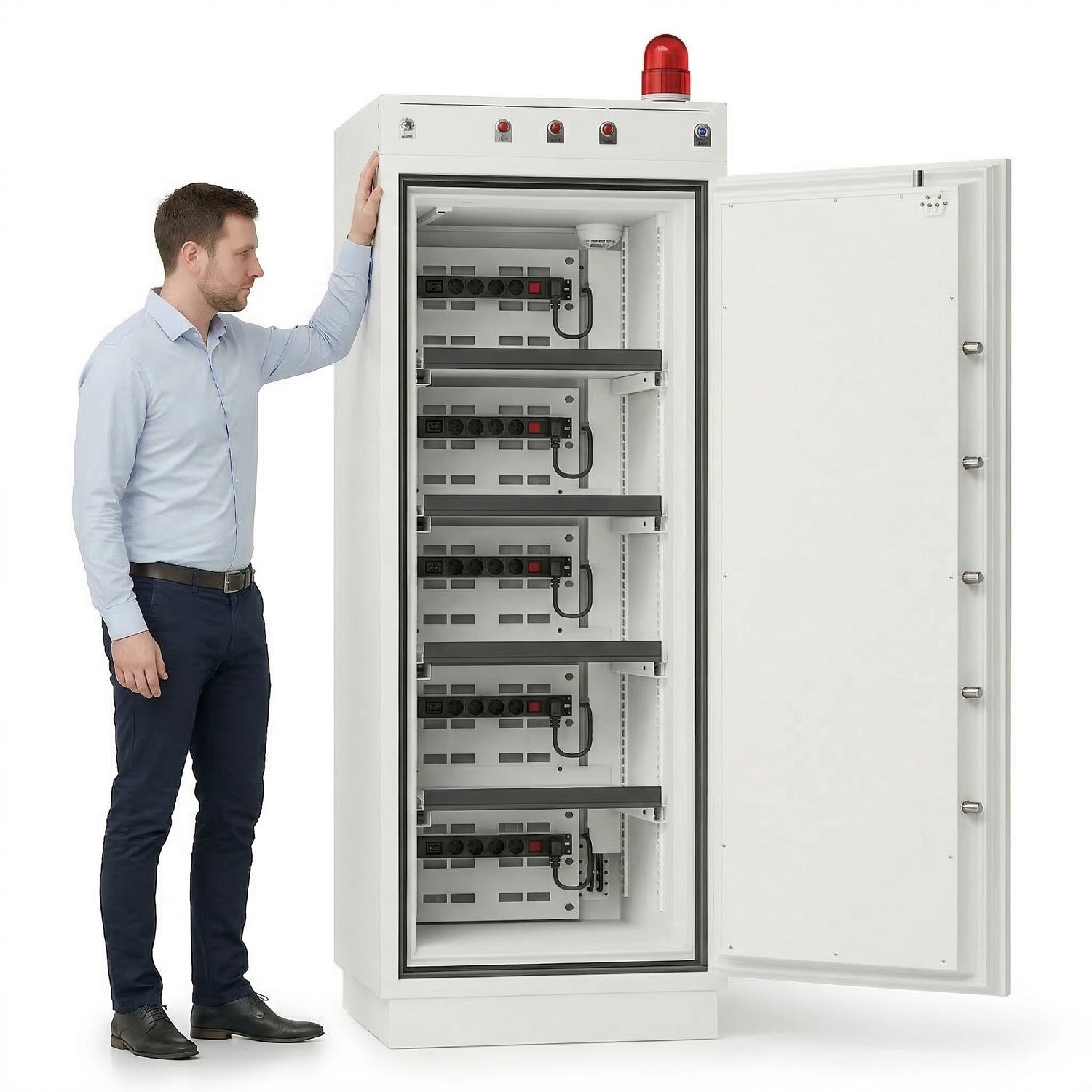 BS1945 lithium battery storage and charging cabinet open with man stood next to it to demonstrate cabinet size