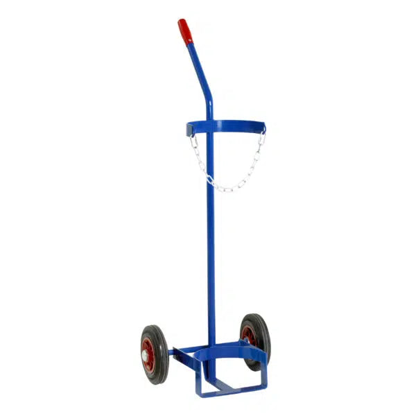 Blue hand truck with red accents on a white background