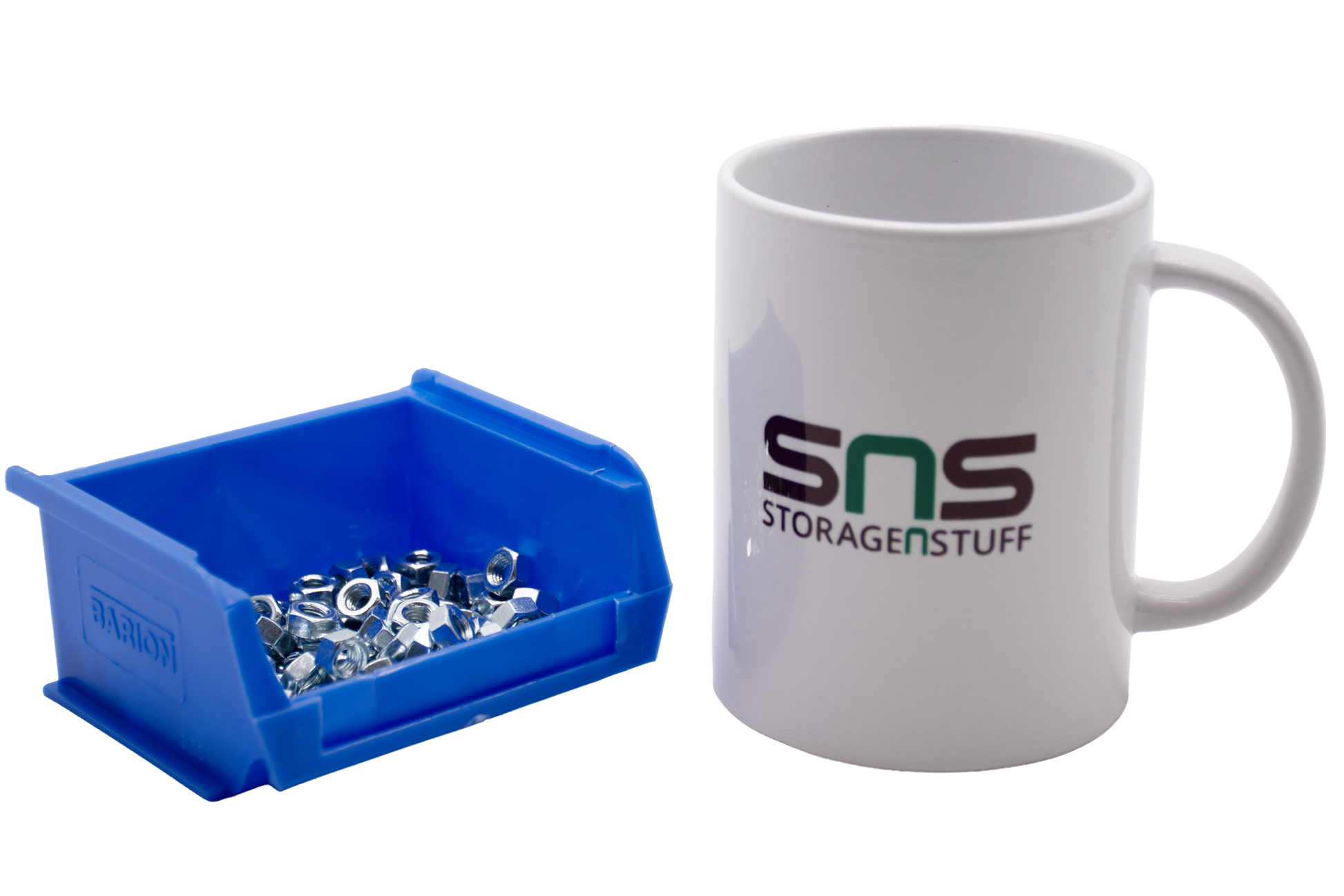 Blue storage bin with screws next to a white mug with 'SNS StorageNStuff' logo on a white background