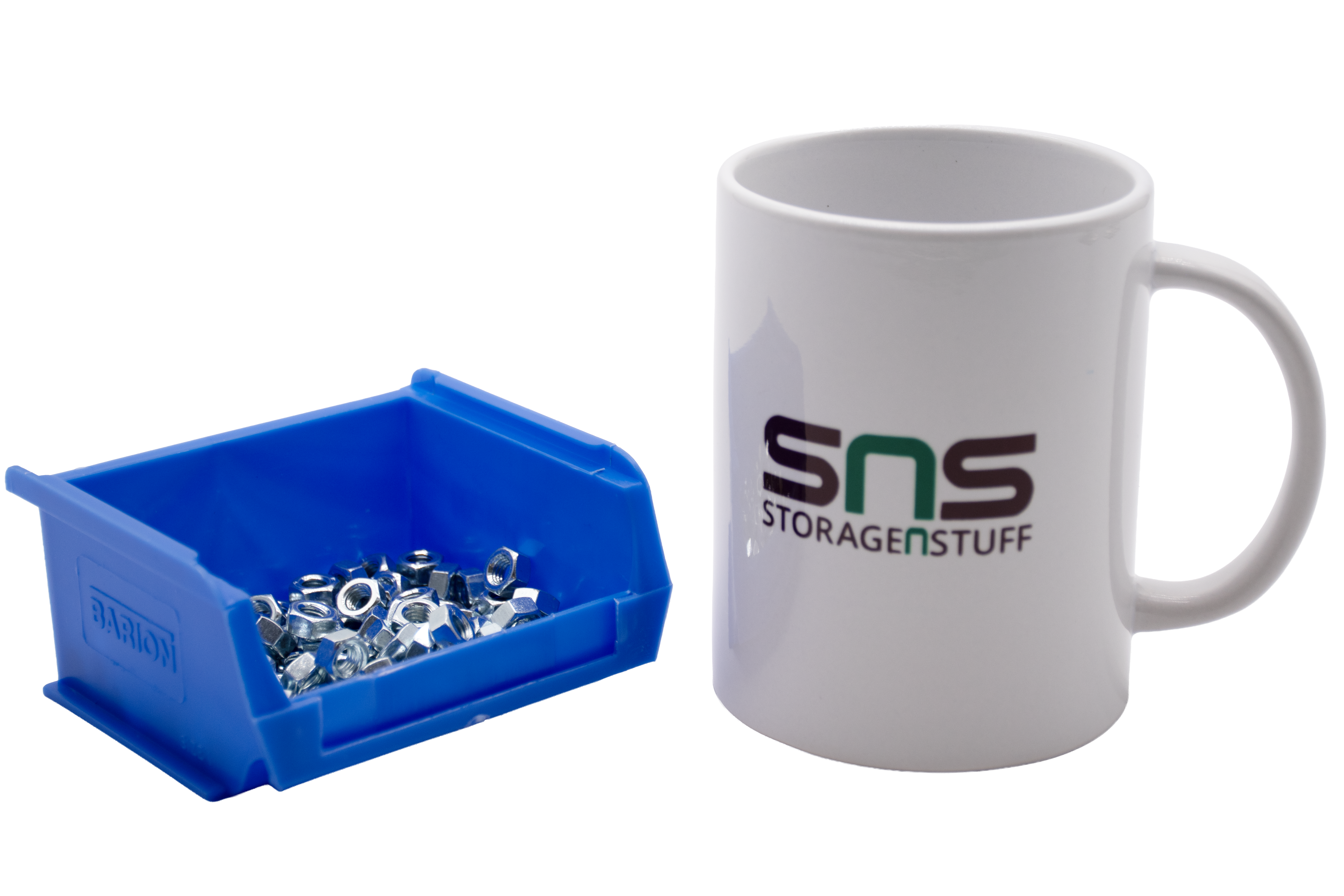 Blue storage bin with screws next to a white mug with 'SNS StorageNStuff' logo on a white background
