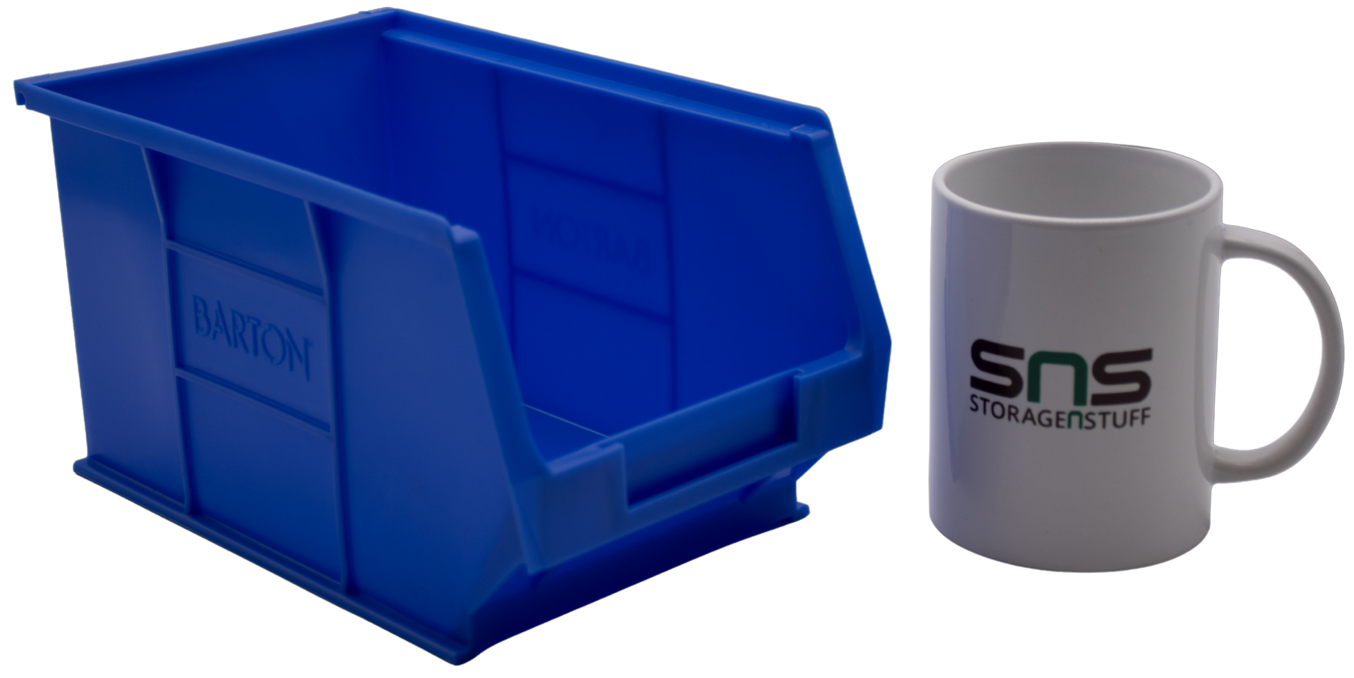 Blue TC3 Barton storage bin and white mug with 'SNS StorageNStuff' branding.