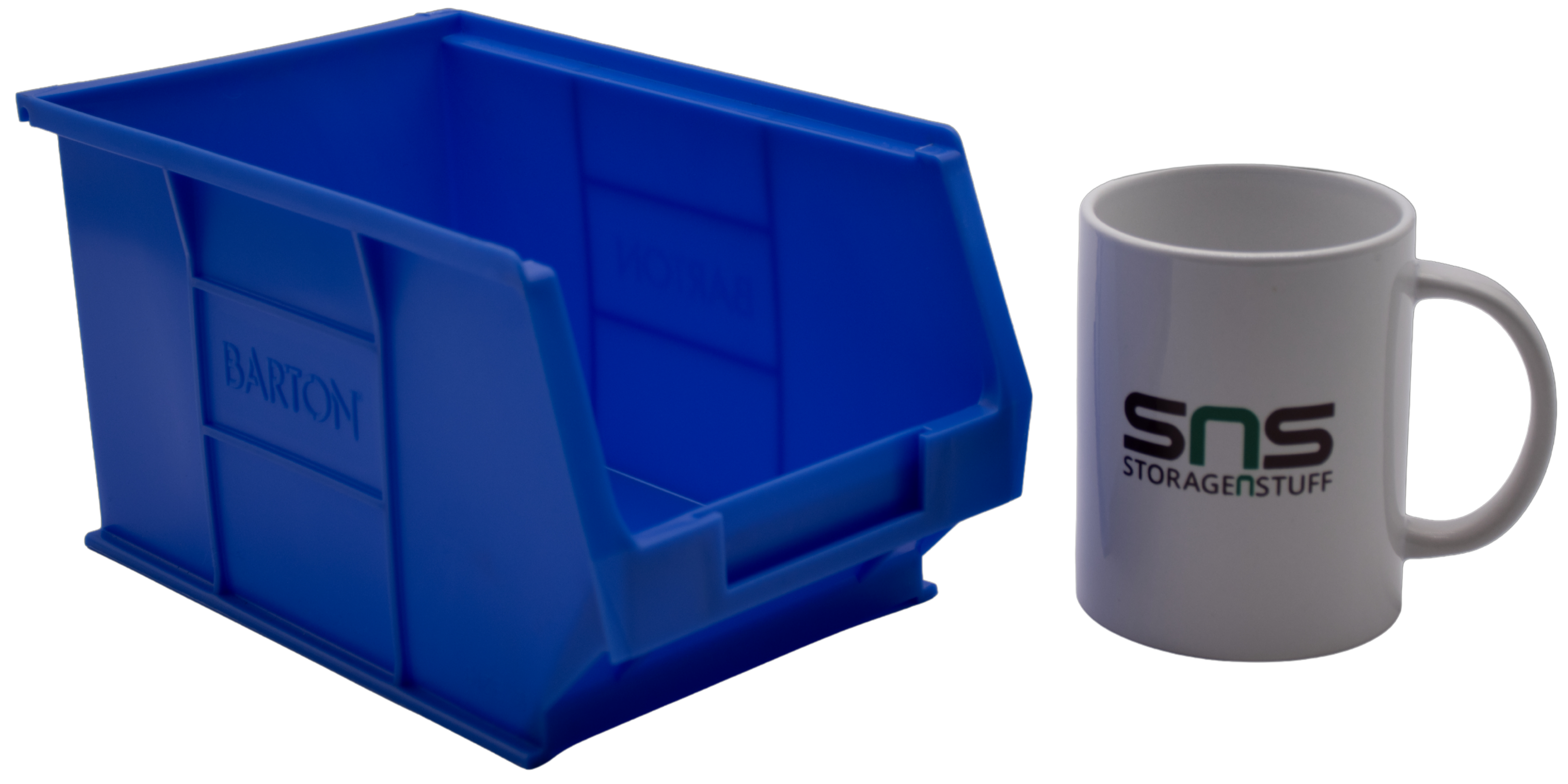 Blue TC3 Barton storage bin and white mug with 'SNS StorageNStuff' branding.