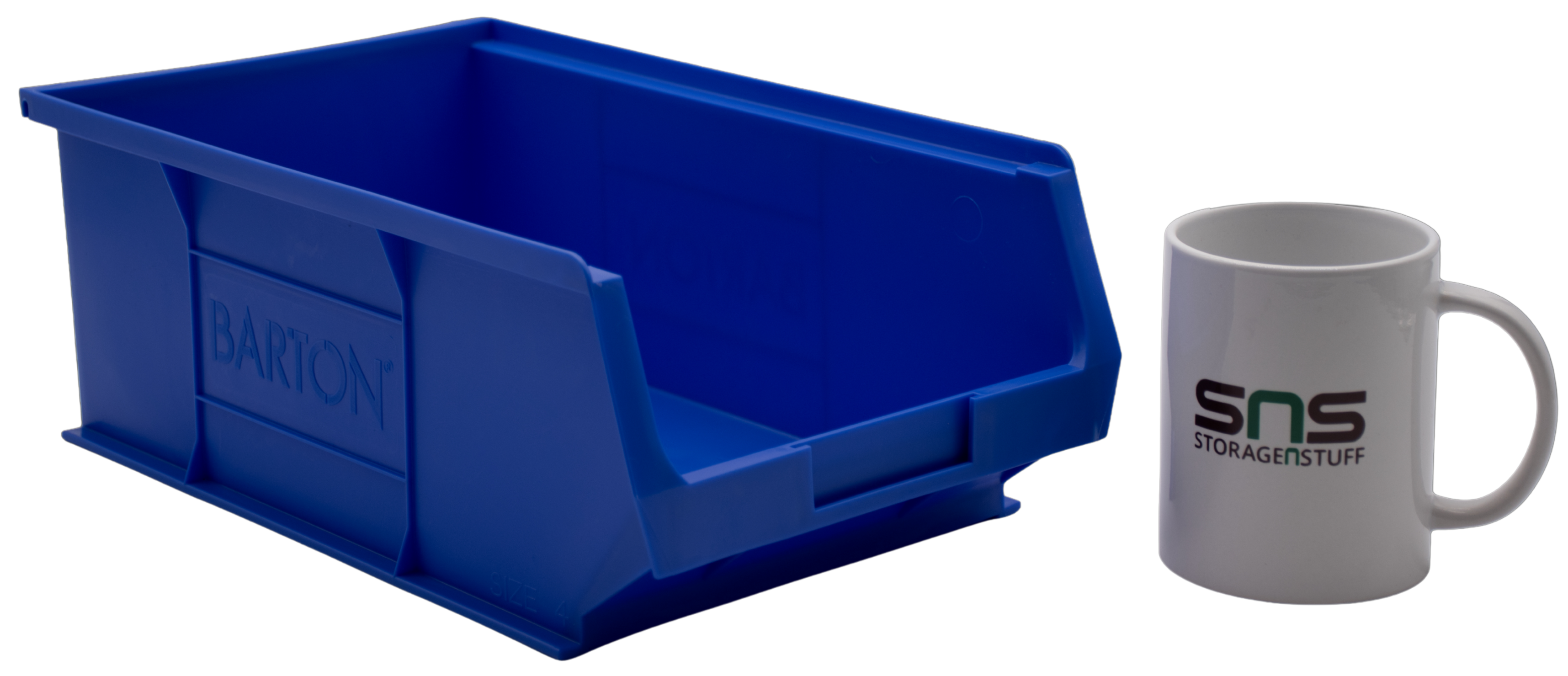 Blue TC4 Barton storage bin and white mug with 'SNS StorageNStuff' branding.