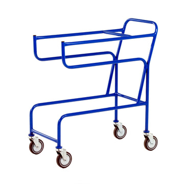 Blue metal trolley with wheels on a white background