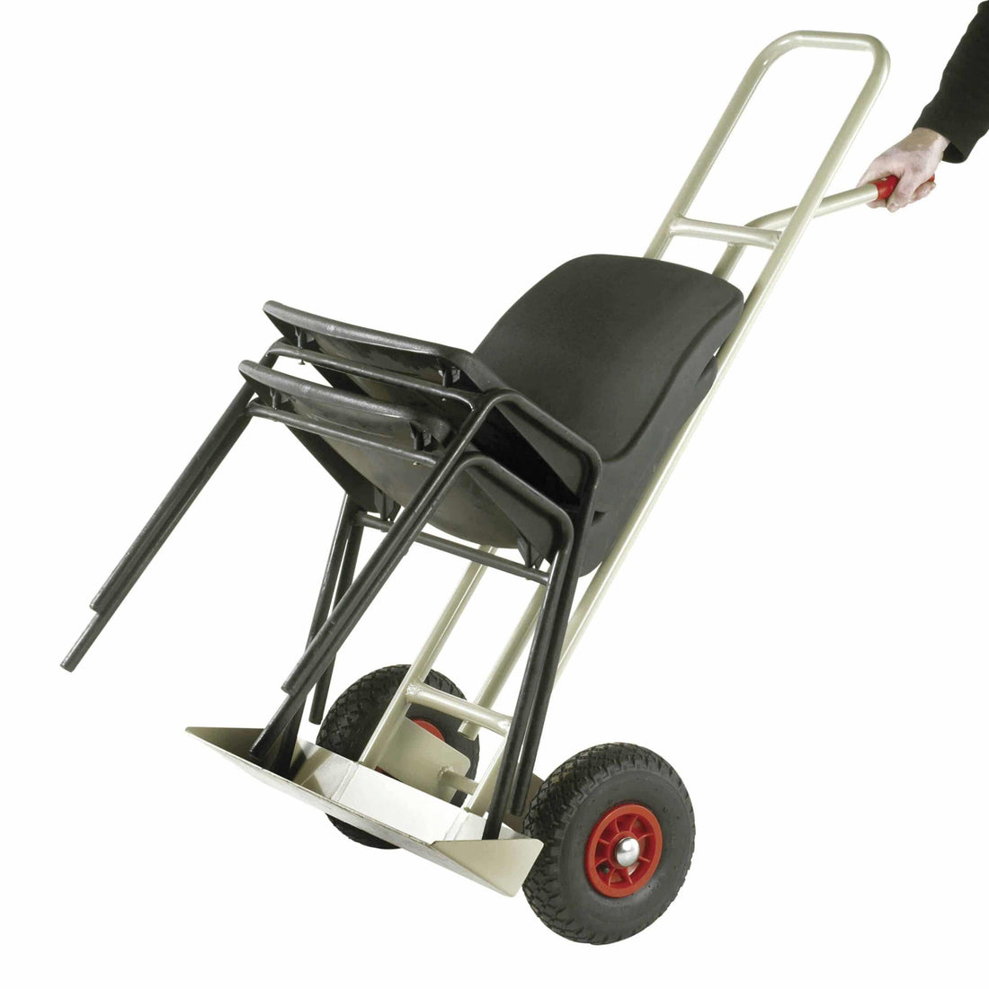 Hand truck with black chairs on a white background