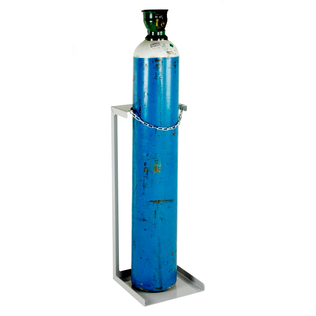 Blue gas cylinder on a stand with a white background