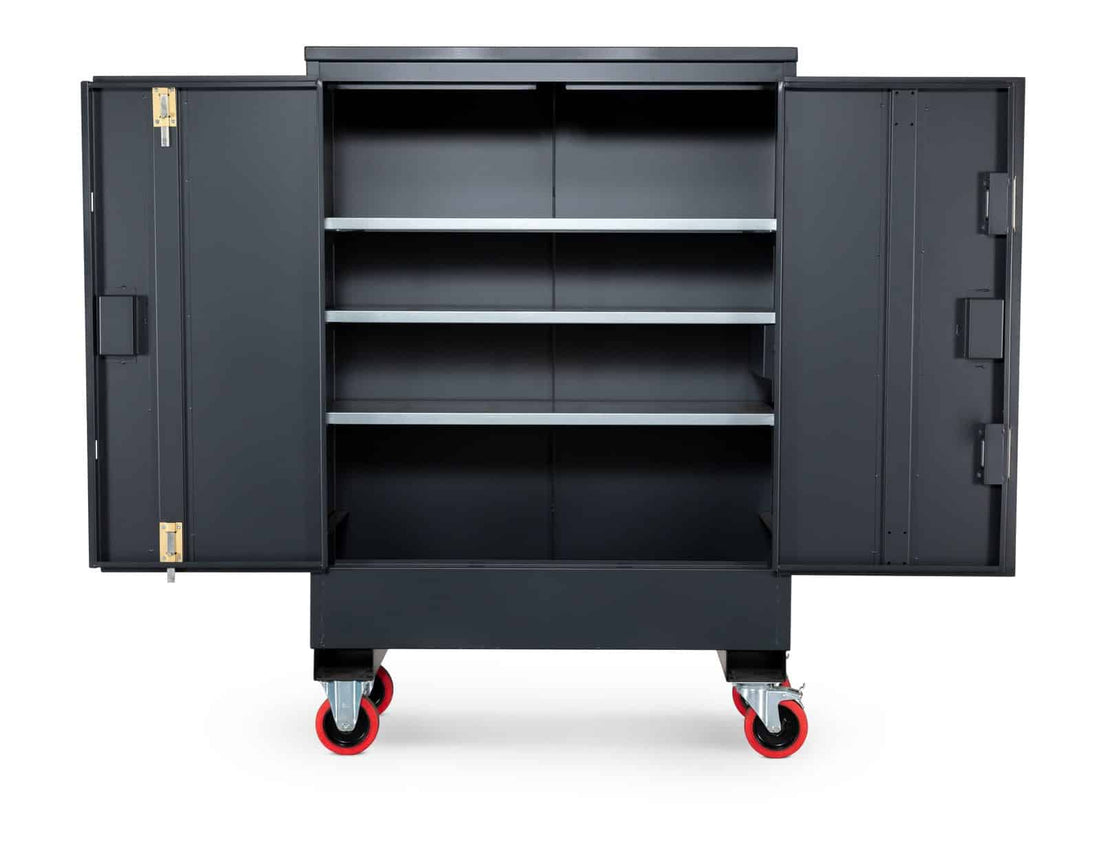 Black storage cabinet with wheels and Armorgard logo on a white background