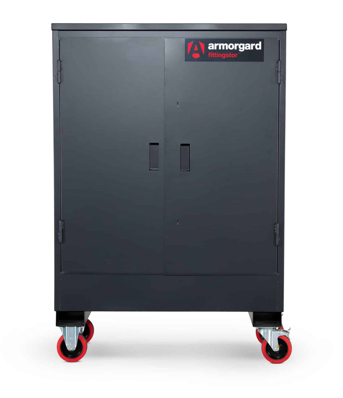 Black storage cabinet with wheels and Armorgard logo on a white background