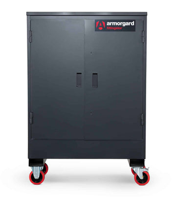 Black storage cabinet with wheels and Armorgard logo on a white background