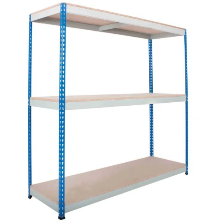 Storage rack with blue metal frame and wooden shelves on a white background