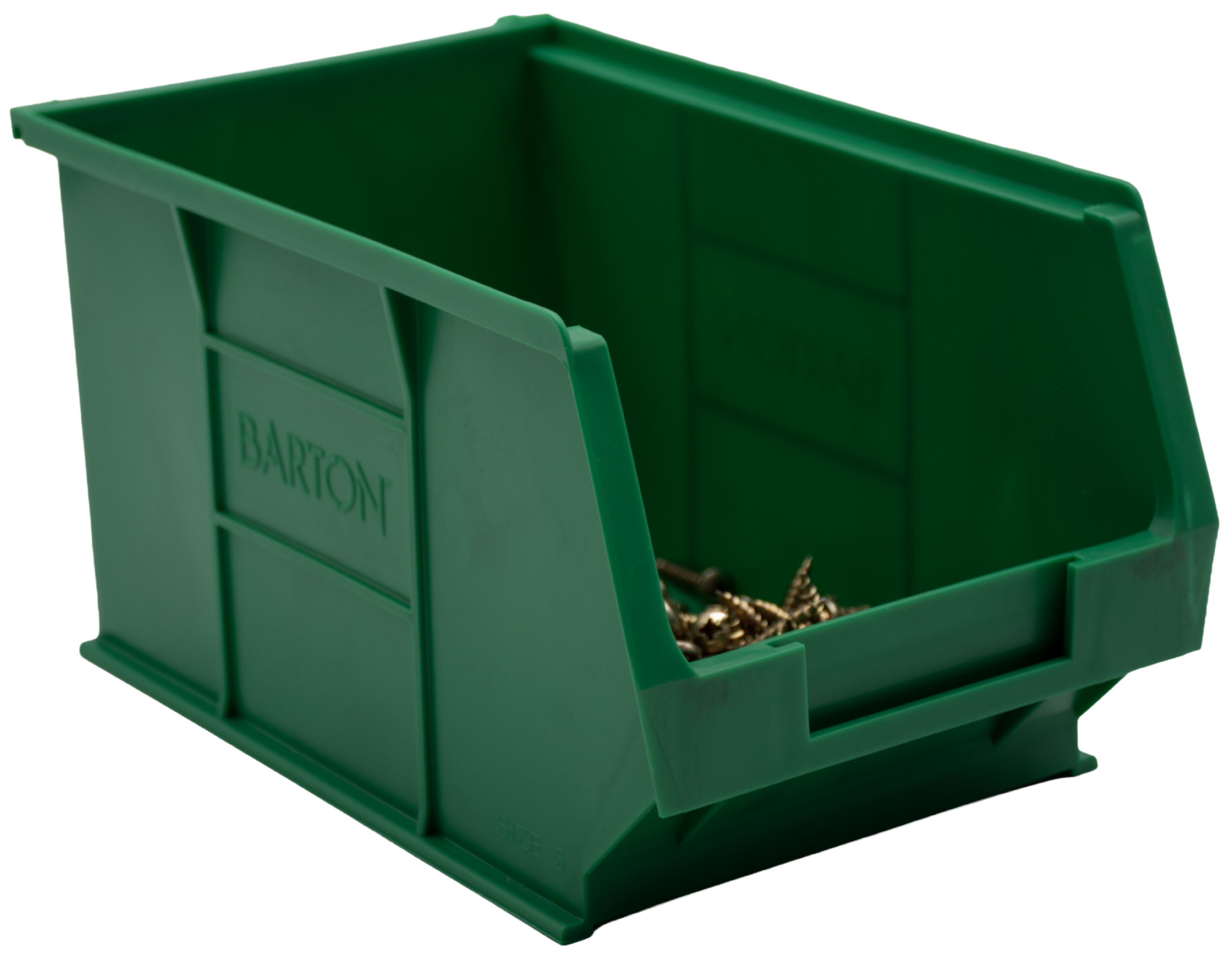 Green TC3 Barton plastic storage bin ideal for storing screws, nuts, bolts, fixings, and small components in warehouse, workshop, and industrial shelving environments.