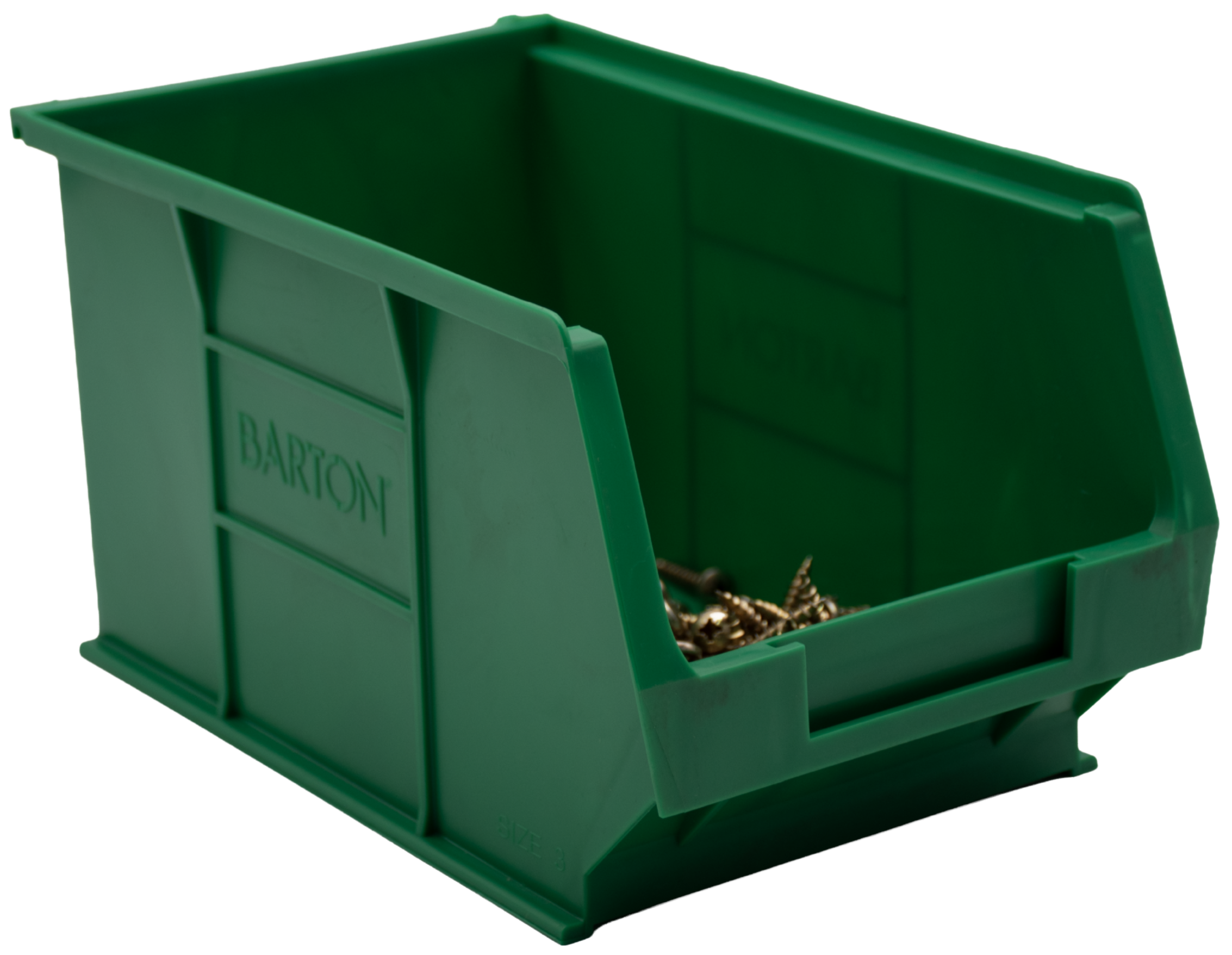 Green TC3 Barton plastic storage bin ideal for storing screws, nuts, bolts, fixings, and small components in warehouse, workshop, and industrial shelving environments.