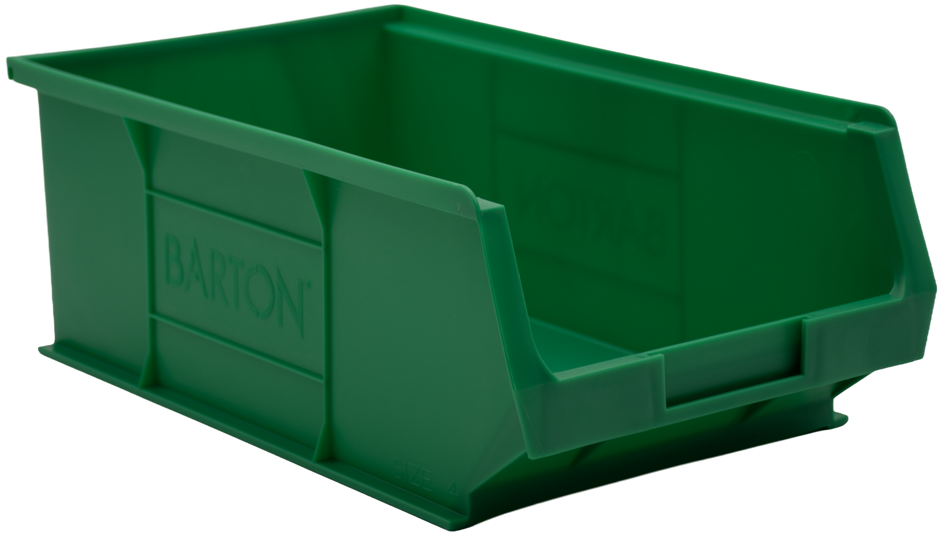 Green Barton TC4 plastic storage bin used for efficient small parts organisation in workshops, warehouses, and storage areas.
