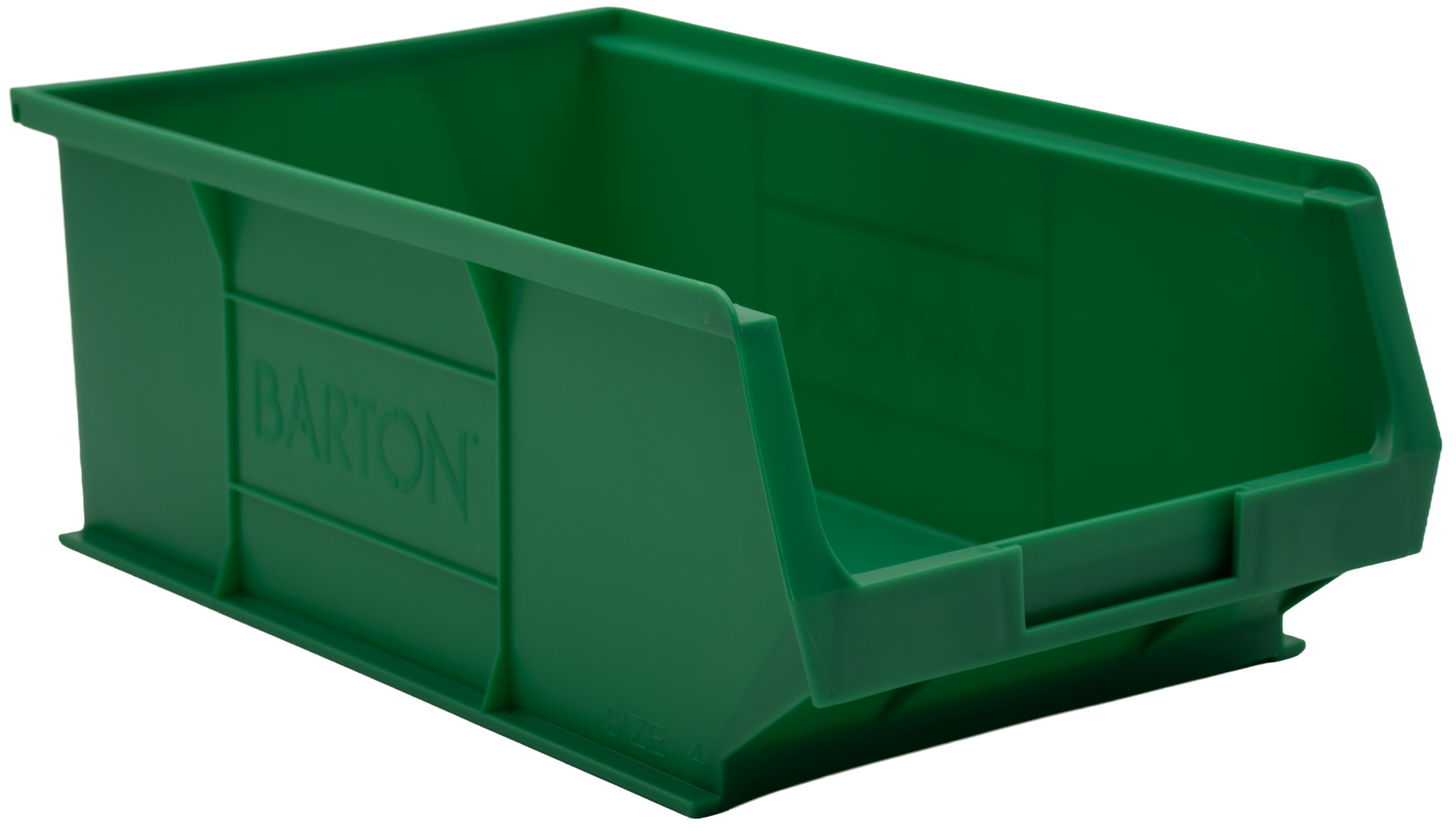 Green Barton TC4 plastic storage bin used for efficient small parts organisation in workshops, warehouses, and storage areas.