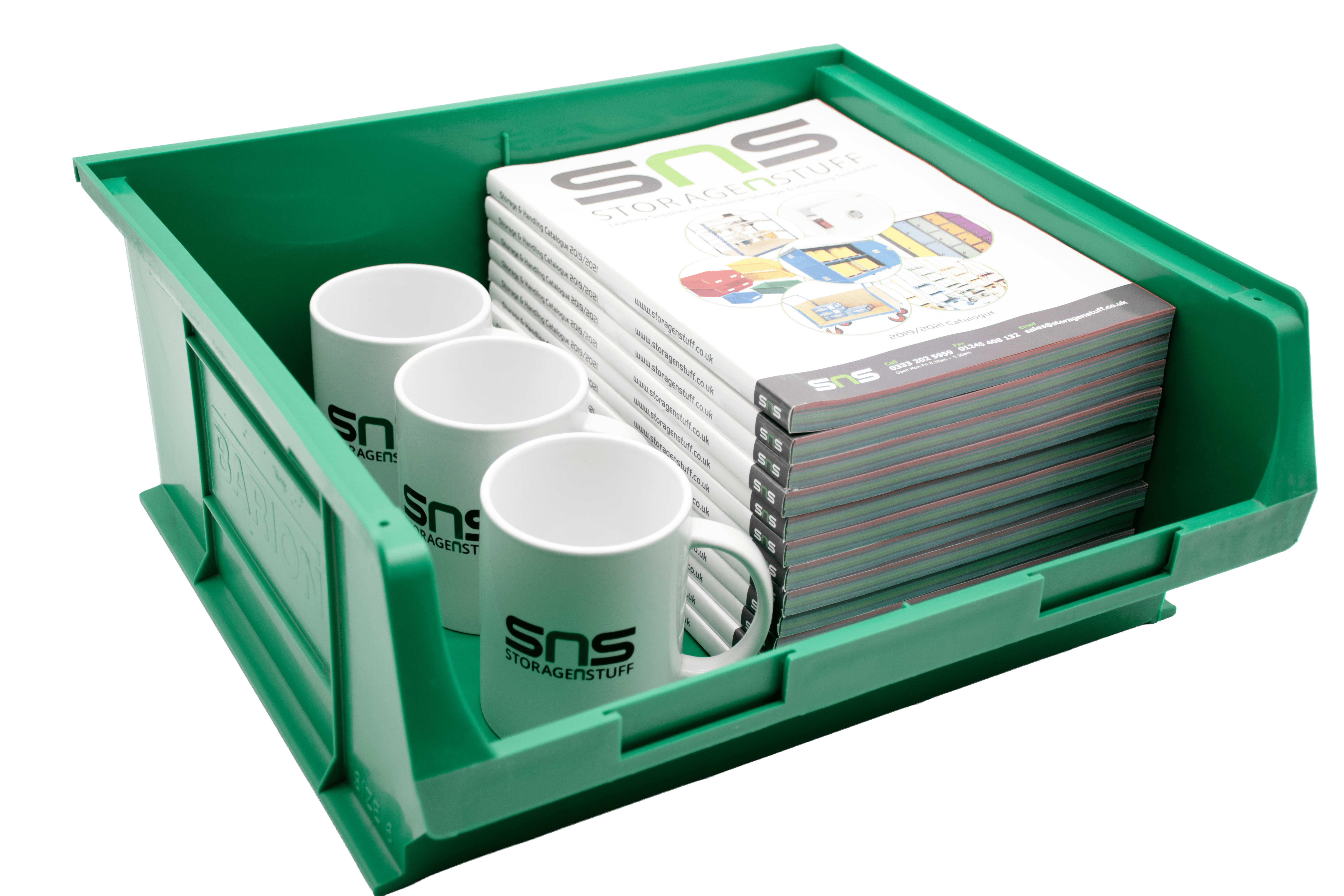Green TC6 Barton storage bin with white mugs and catalogues.