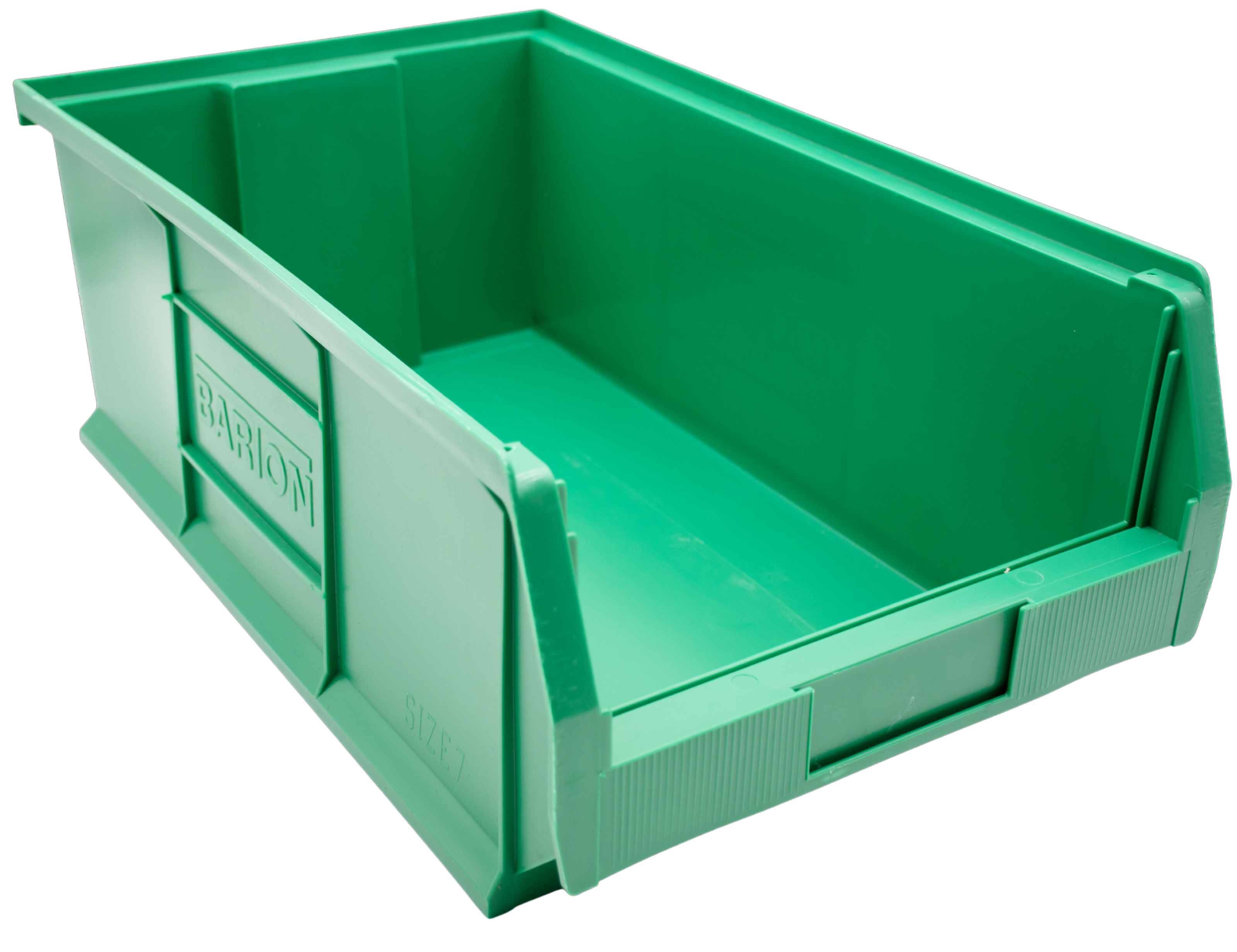 Green Barton TC7 plastic storage bin for warehouse and workshop organisation, providing easy access storage for parts, tools, and production components.