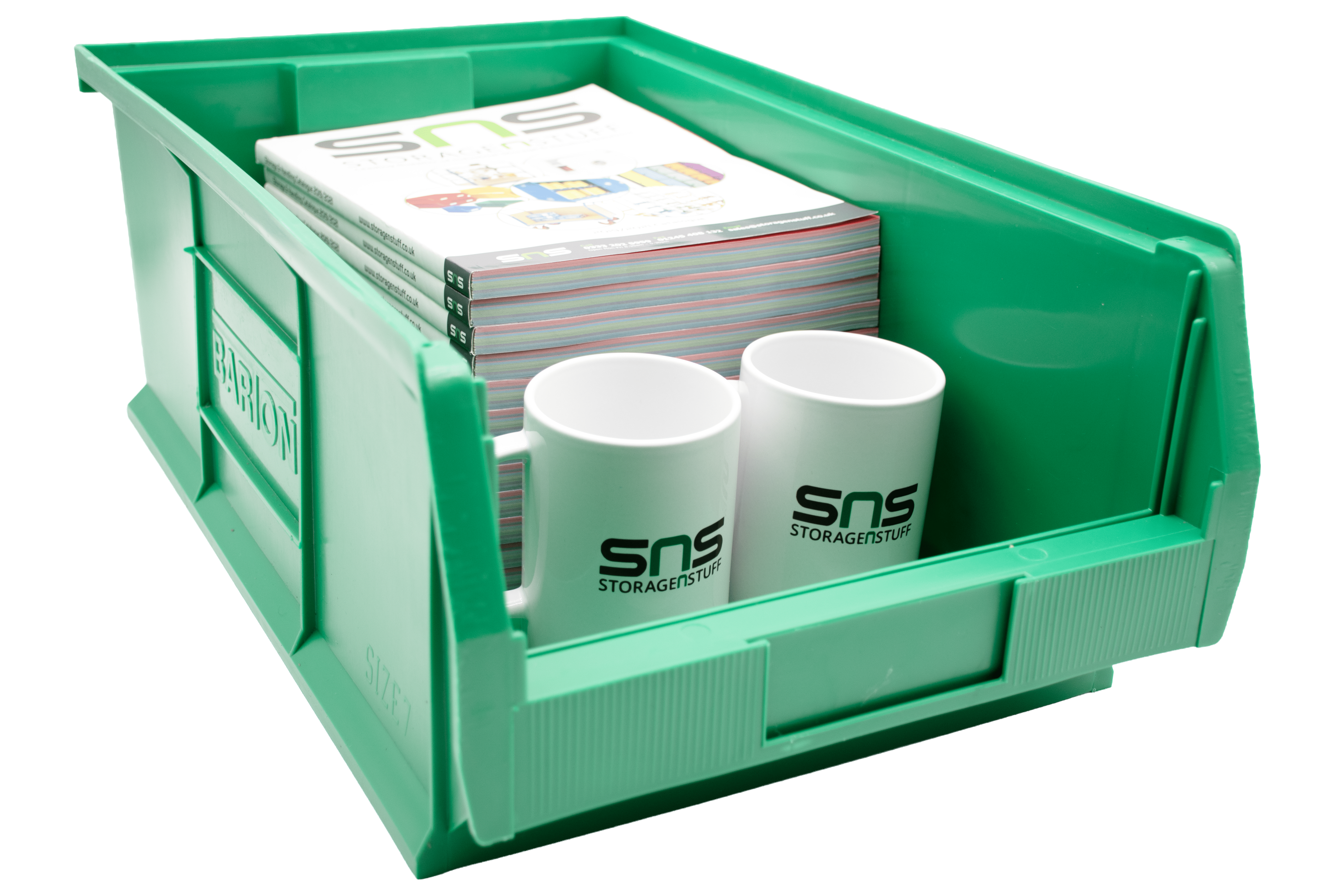 Green TC7 Barton storage bin with white mugs branded 'SNS StorageNStuff' and catalogues inside.