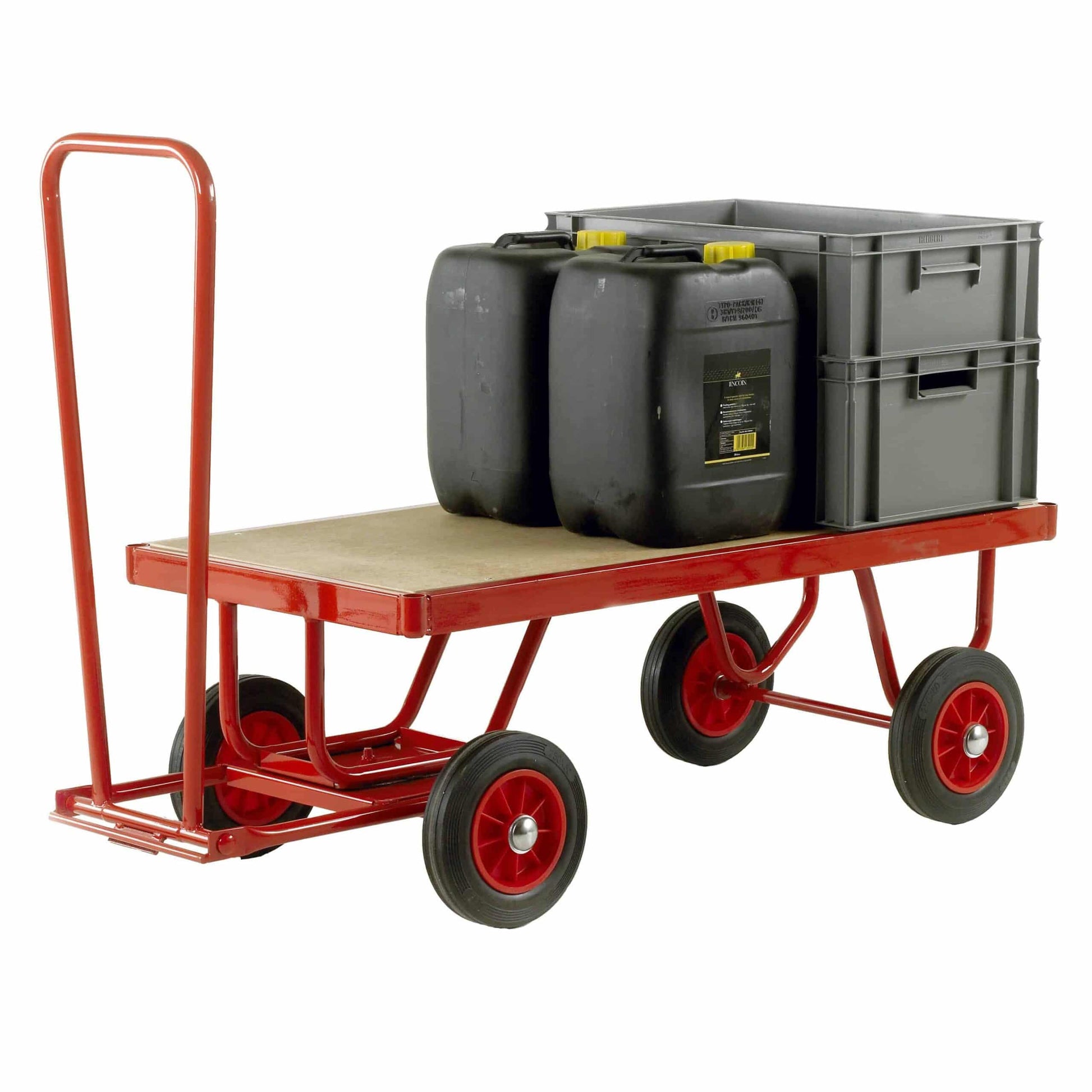 Red hand truck with two black jerry cans and a gray storage box on a white background