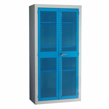 Metal storage cabinet with blue mesh doors on a white background