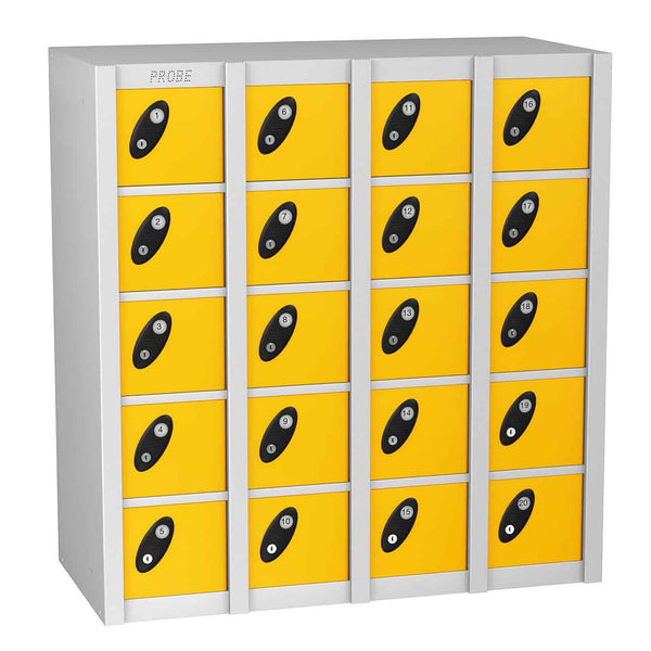Yellow lockers with black handles on a white background
