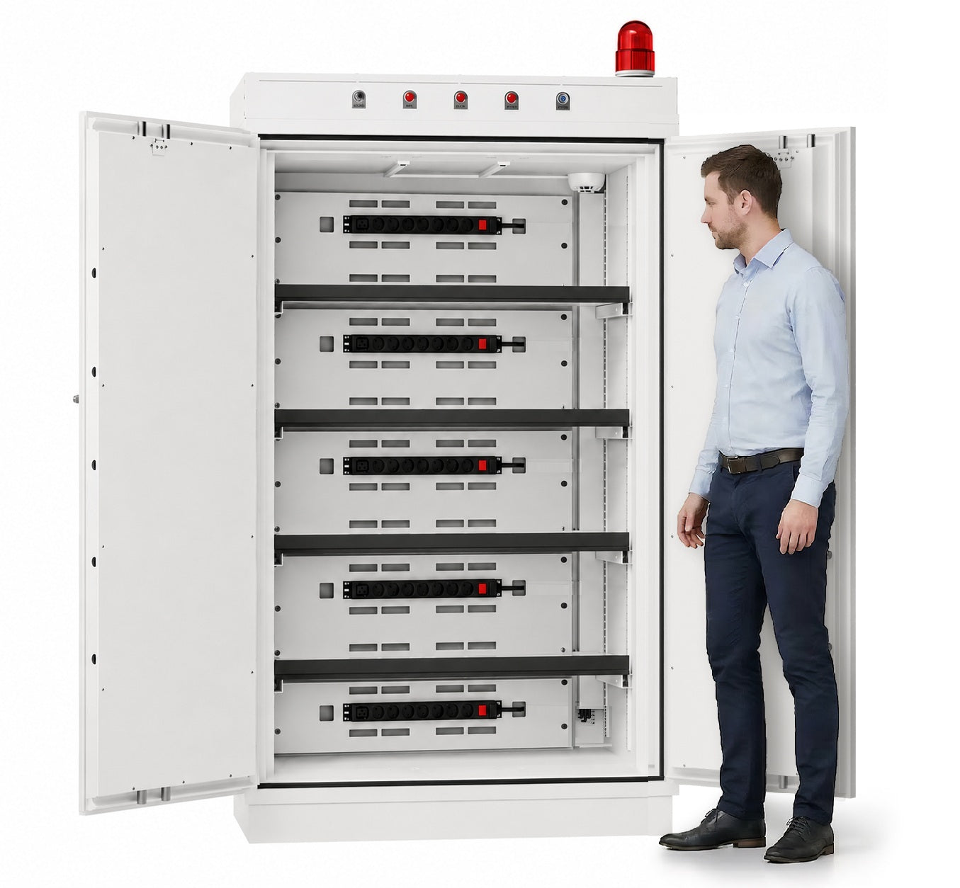 BS1946 Lithium Battery Storage & Charging Cabinet Open with User