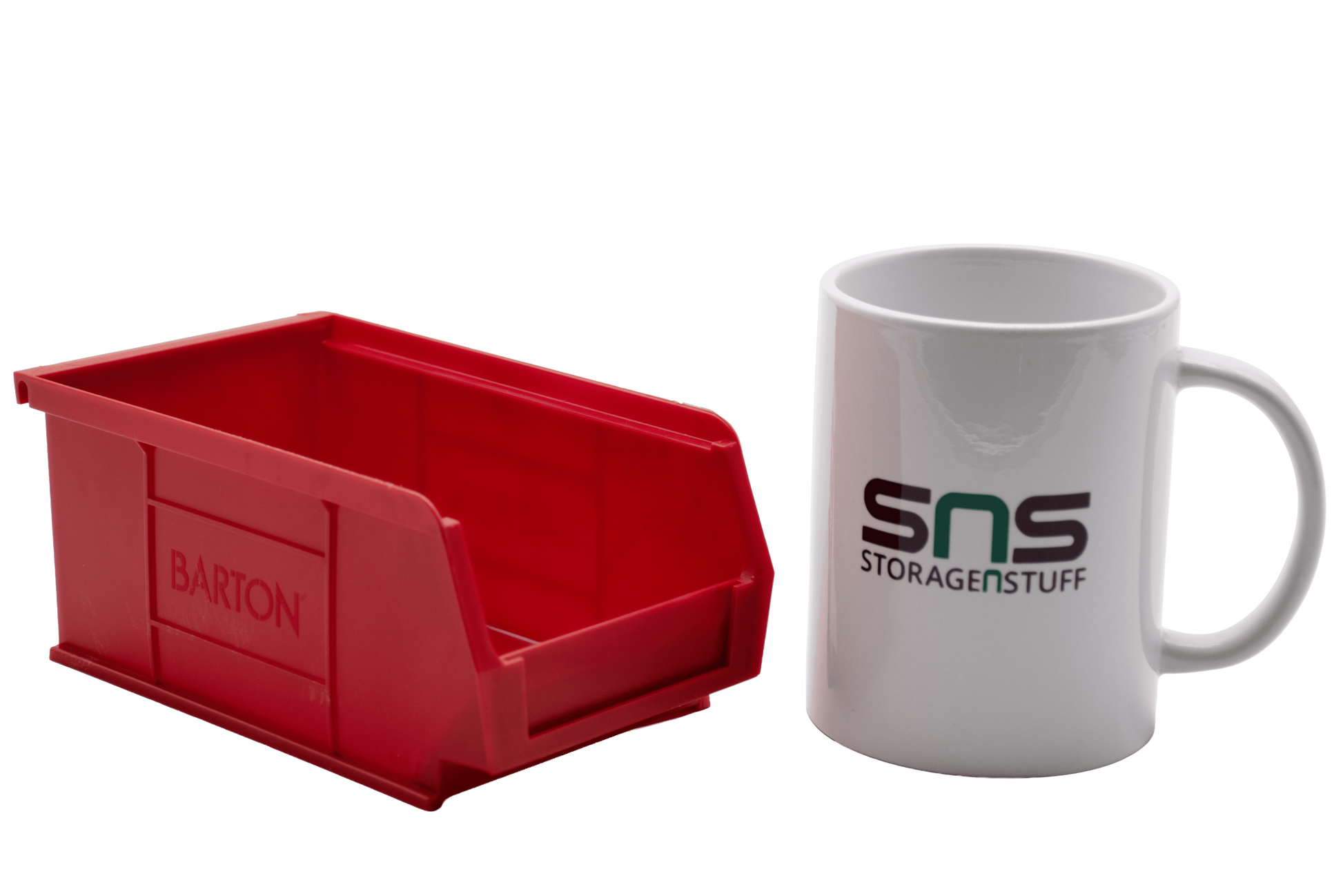 Red TC2 Barton storage bin and white mug with 'SNS StorageNStuff' branding on a white background