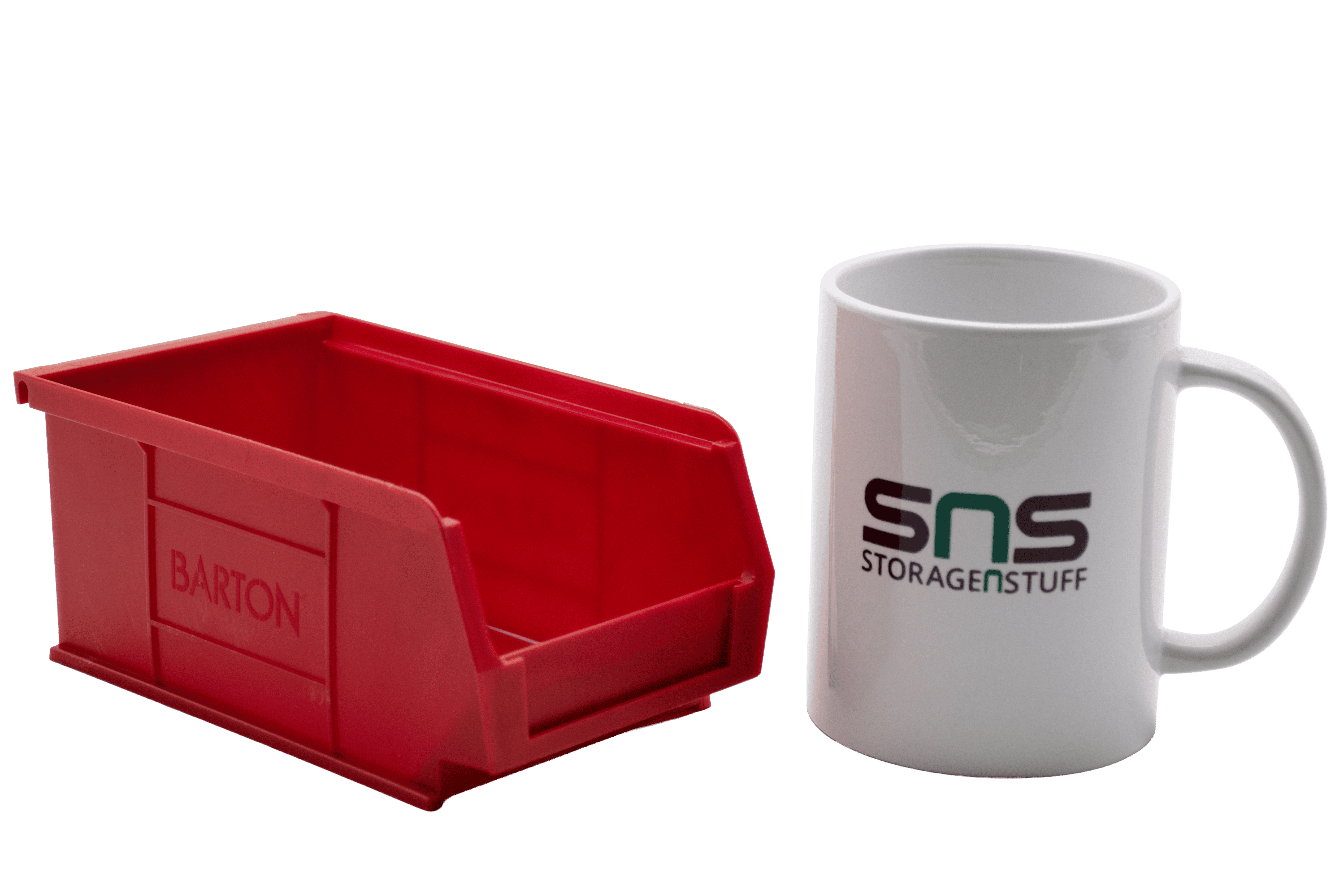 Red TC2 Barton storage bin and white mug with 'SNS StorageNStuff' branding on a white background