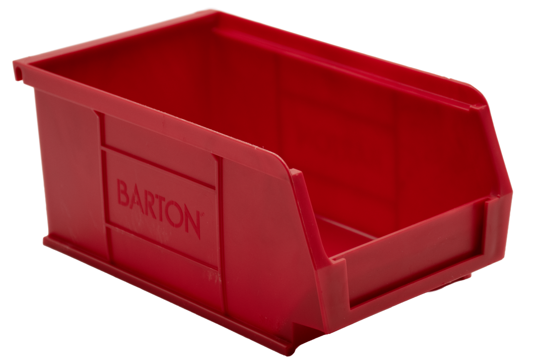 Red Barton TC2 storage bin for organising components, fixings, and small parts in industrial shelving.