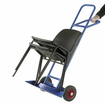 Blue hand truck with black seat on a white background