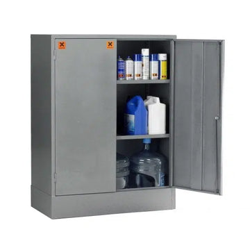 Gray storage cabinet with open door showing various items inside on a white background