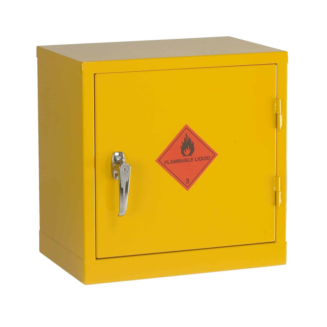 Yellow safety cabinet with open door displaying various containers on a white background