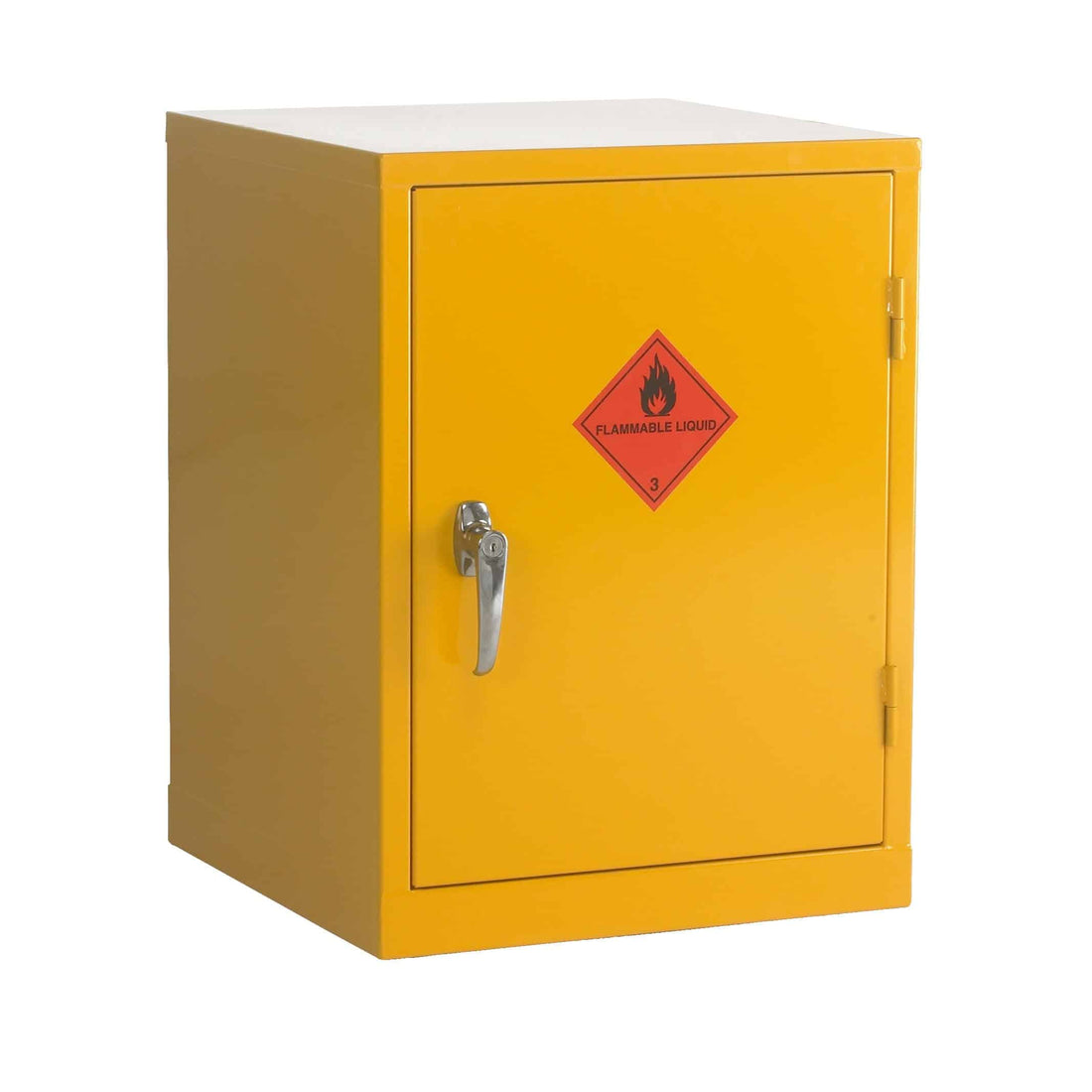 Yellow storage cabinet with open door showing various cans inside on a white background