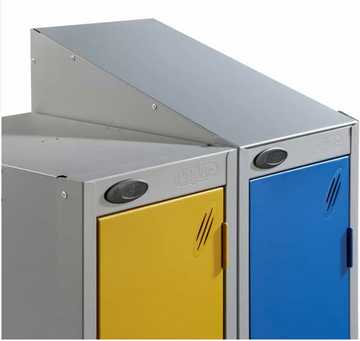 Metallic lockers with yellow and blue doors on a white background
