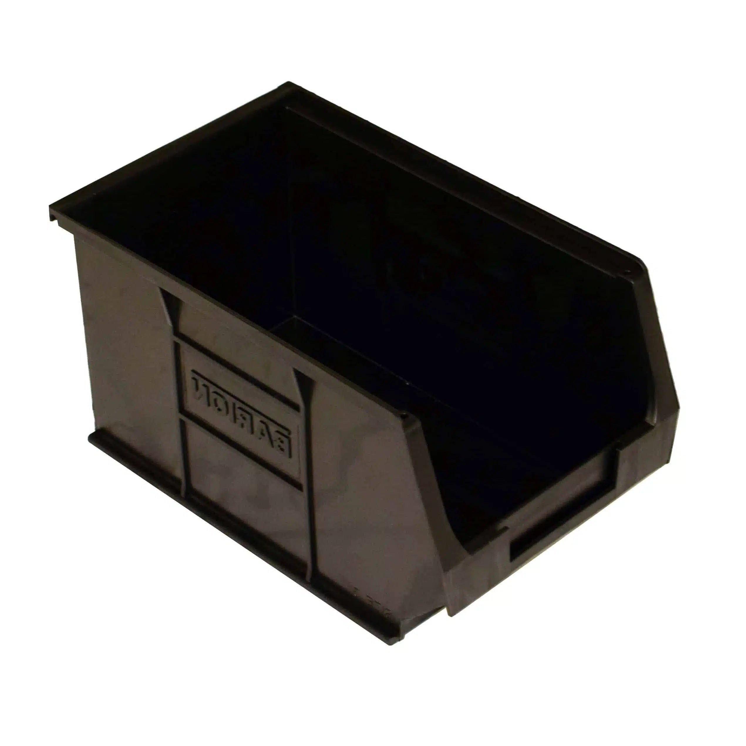 Black storage bin with a brand logo on a white background