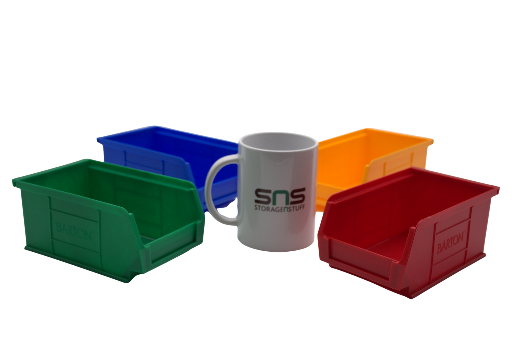 Coloured storage bins and a mug with 'SNS StorageNStuff' branding on a white background