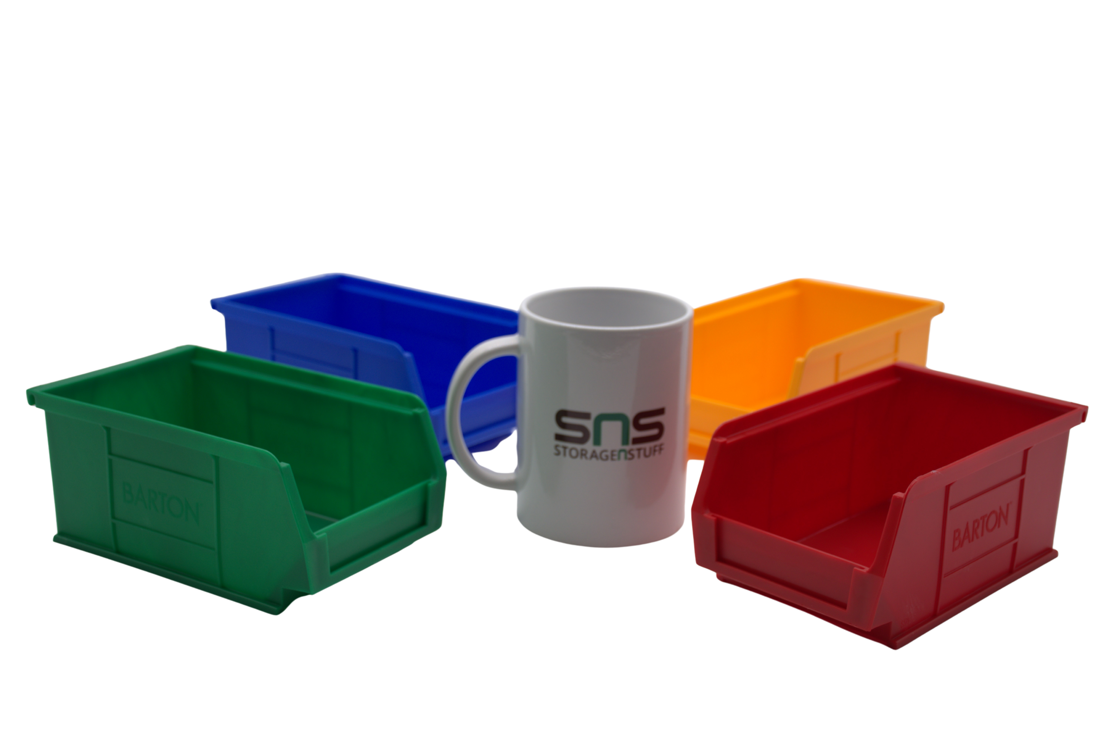 Coloured storage bins and a mug with 'SNS StorageNStuff' branding on a white background