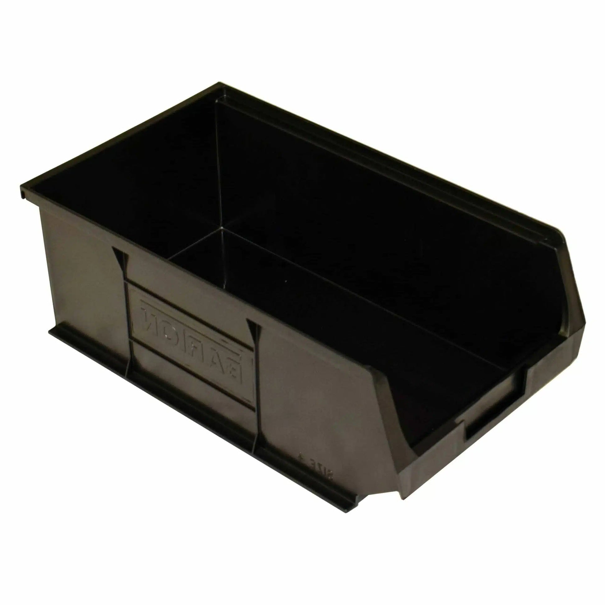 Black storage bin with a visible brand logo on a white background
