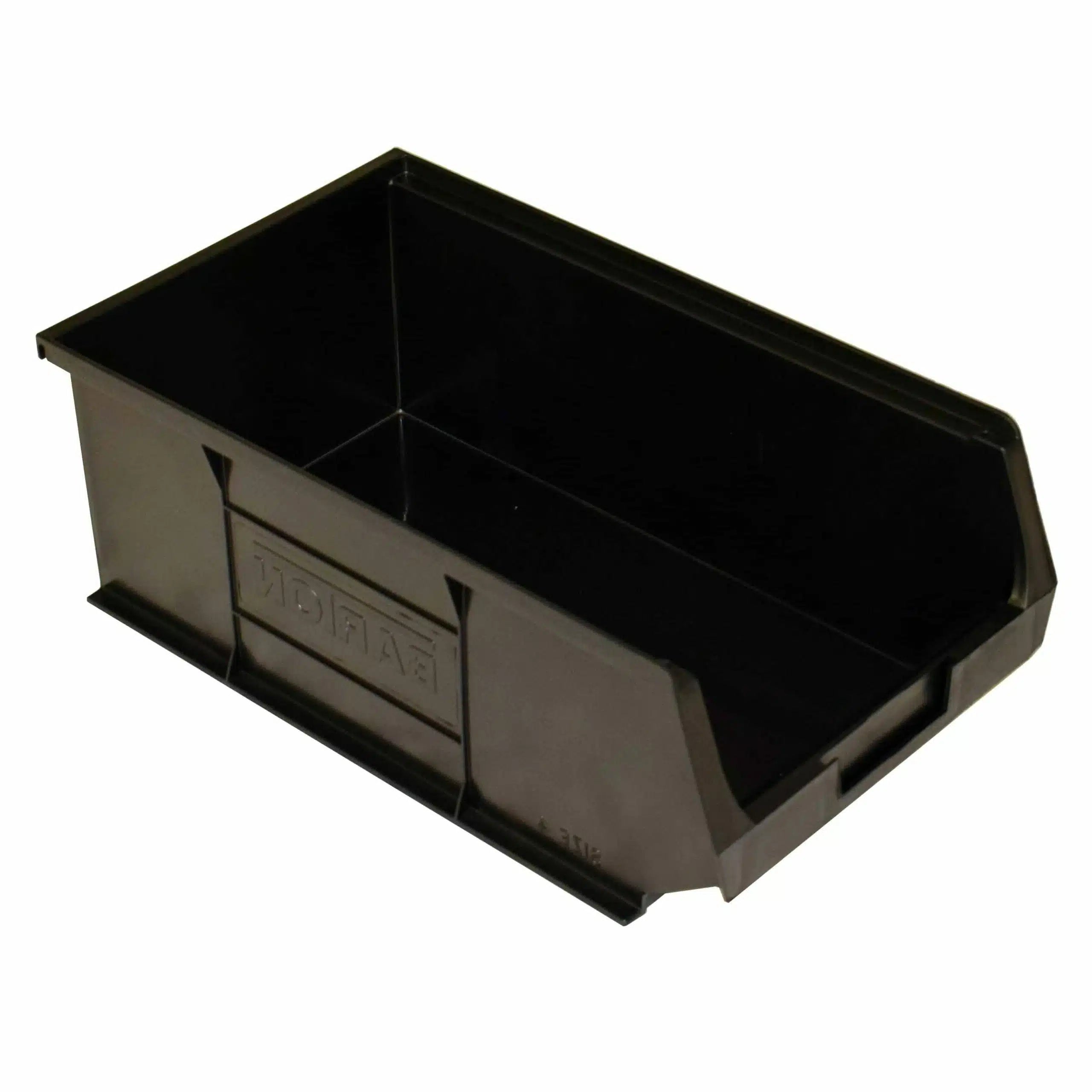 Black storage bin with a visible brand logo on a white background