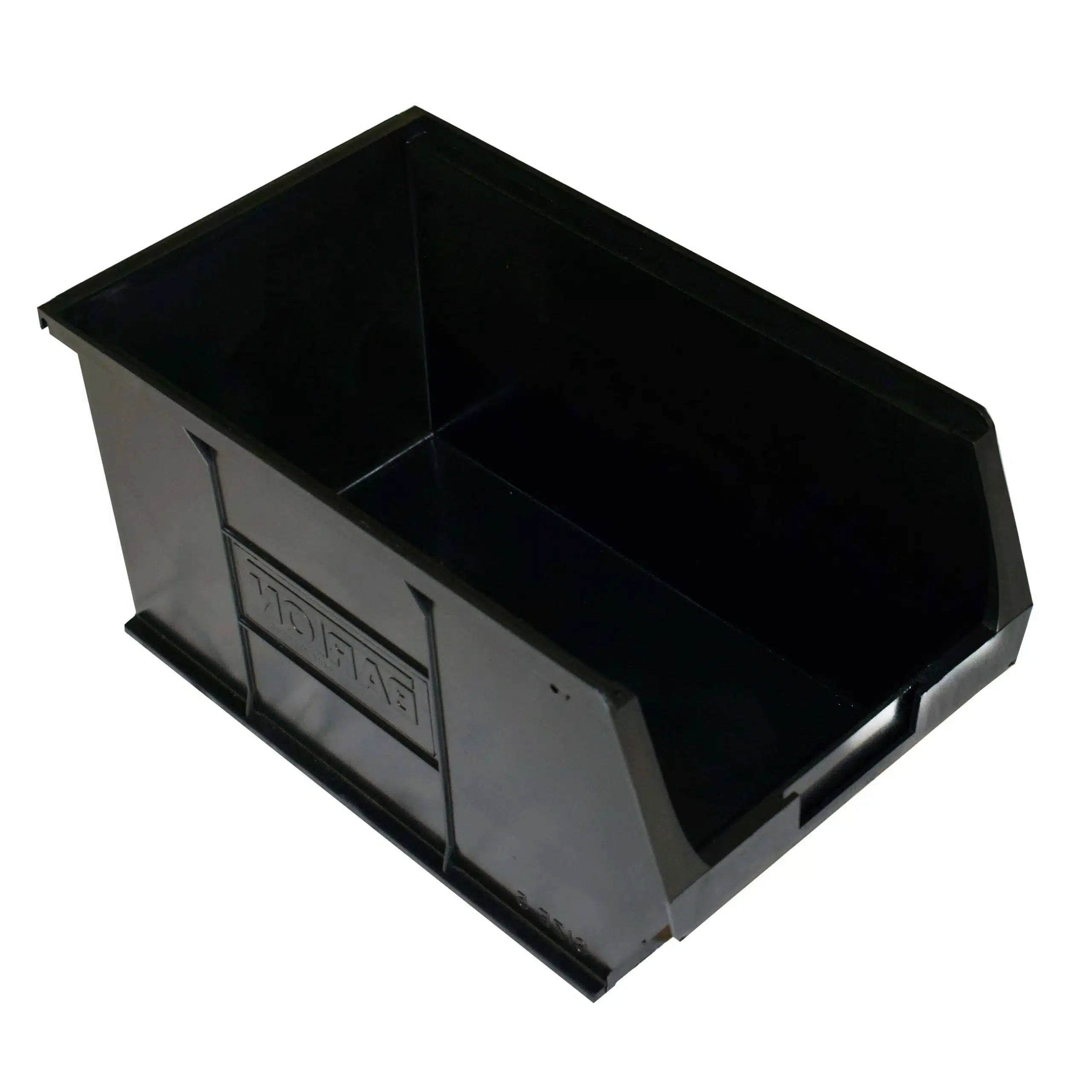 Black storage bin with a visible brand logo on a white background