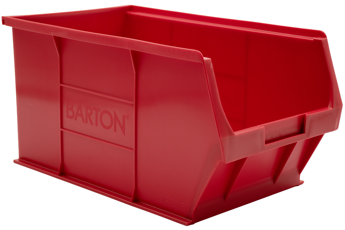 Red Barton TC5 plastic storage bin for organising small parts, components, and stock on warehouse shelving and storage systems.